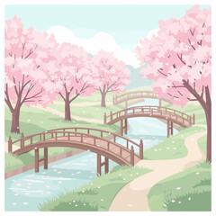 A serene spring landscape with pink cherry blossom trees, winding paths, and multiple wooden bridges over a calm stream.