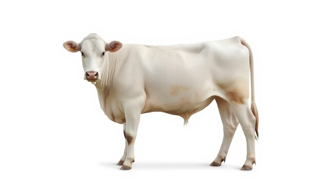 A white cow standing against a plain white background
