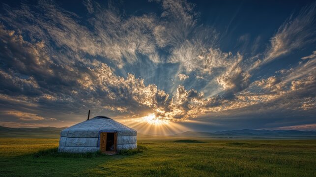 Traditional mongolian yurt under dramatic sunset sky with sun rays over grassy steppe landscape