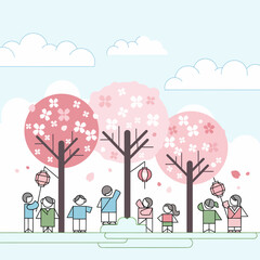 Children celebrating under cherry blossom trees with lanterns in a flat design illustration.