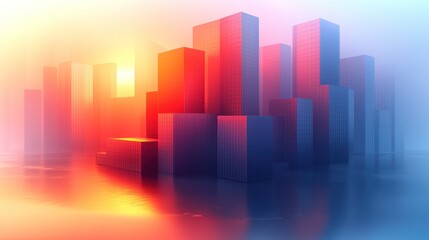 Fototapeta premium Abstract 3D rendering of stylized cityscape bathed in warm light and cool shadows
