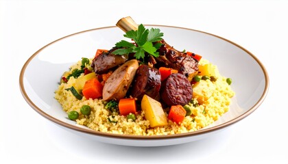 Fototapeta premium Authentic moroccan healthy couscous plate with sliced sausage meat