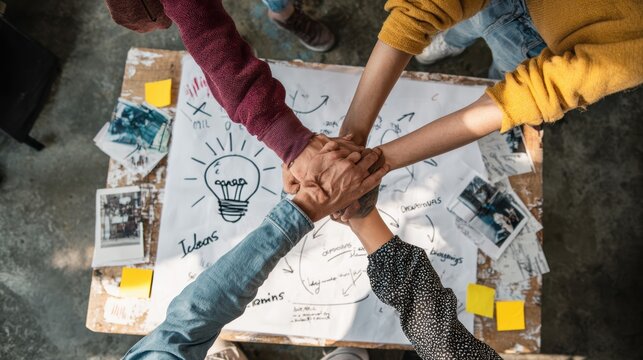Teamwork and collaboration hands joined over a table with a lightbulb idea sketch
