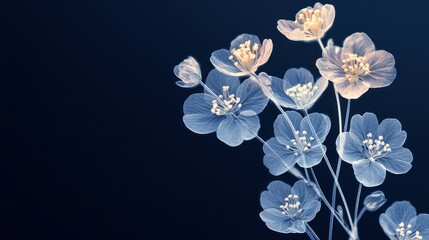 Fototapeta premium Delicate, ethereal arrangement of translucent flowers, in shades of blue and cream against a deep indigo background
