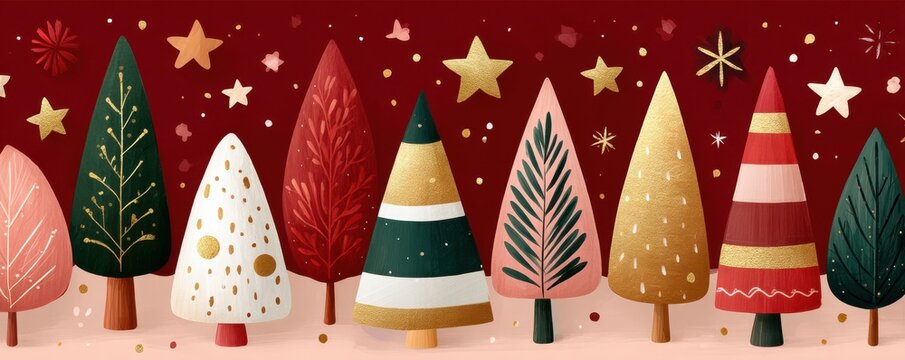 Colorful Christmas trees lineup with stars on burgundy background for festive holiday decor
