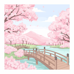 A serene spring landscape with pink cherry blossom trees, traditional wooden bridges over a river, and soft mountains in the background.