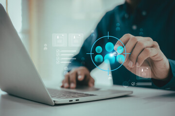 Businessman use  with a digital screen  laptop, customer relationship management (CRM) interface,...