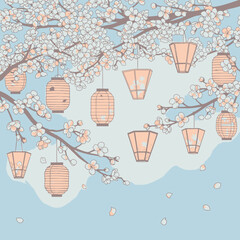 Pastel illustration of cherry blossom branches with white flowers and hanging Japanese lanterns against a light blue sky.