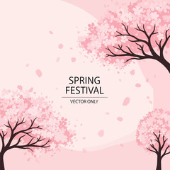 A beautiful vector illustration of a spring festival with cherry blossom trees and falling pink petals on a soft pink background.