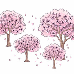 A charming watercolor-style illustration featuring a group of blooming pink cherry blossom trees with petals gently falling.