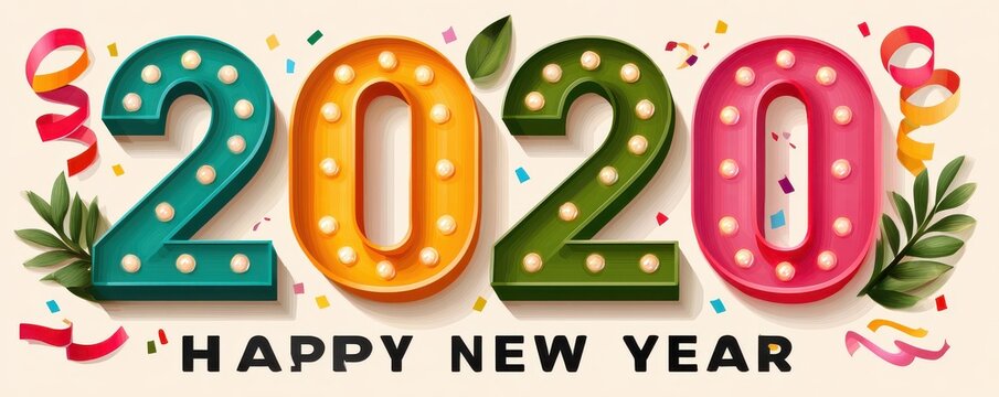 Retro new year poster with bright, bulb-lit 2020 numbers and festive confetti