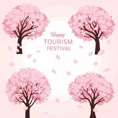 A vector illustration of four cherry blossom trees with falling petals and "Happy Tourism Festival" text.