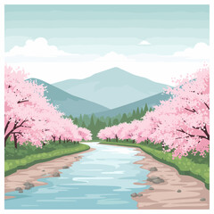 A beautiful illustration of a river winding through a valley lined with pink cherry blossom trees and distant mountains under a clear sky.