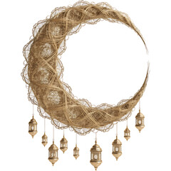 Golden Islamic Crescent Moon with Hanging Lanterns PNG, Ramadan Eid Mubarak Decorative Ornament Isolated