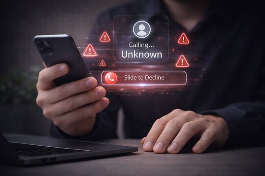 Man receiving unknown call with warning signs on smartphone screen spam call scam