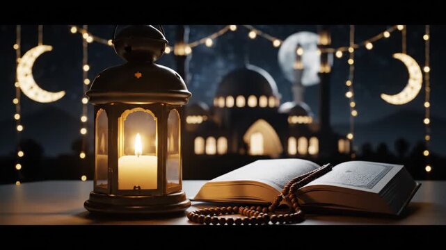 Ramadan lantern quran islamic night background loop, Spiritual islamic decor motion video backdrop, Eid greeting promo animation