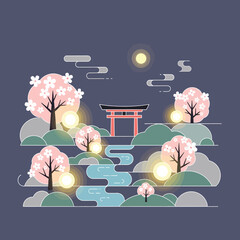 Stylized Japanese landscape at night with torii gate, cherry blossom trees, river, and glowing lights under a full moon.