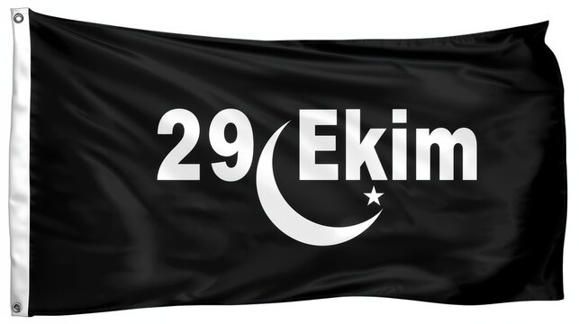 A black flag with a white crescent moon and the text 29 ekim