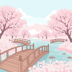 A beautiful illustration of a tranquil Japanese garden with cherry blossom trees, wooden bridges, and a winding river under a soft blue sky.
