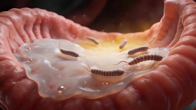 Cinematic illustration of Helicobacter pylori in human stomach, spiral-shaped bacteria using flagella to move through mucus layer, acidic environment visualized, stomach lining background