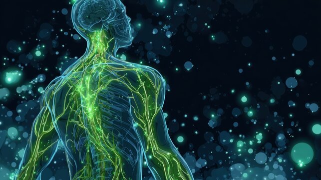 Human nervous system illustration with glowing green neurons and abstract bokeh background
