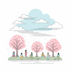 Minimalist line art illustration of people in traditional attire enjoying a spring day under cherry blossom trees in a park.