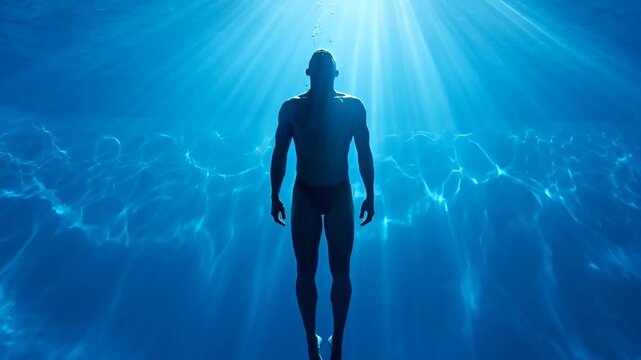 Man drowning underwater, struggling to escape the dark depths, surrounded by turbulent water, in a desperate bid for survival, captured in a haunting underwater scene