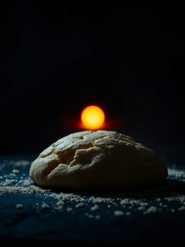 A solitary, fiery orb bleeds across the obsidian stage of dough ,  pizza,  chiaroscuro