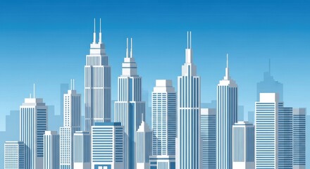 Modern City Skyline with Tall Skyscrapers Under Blue Sky