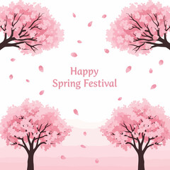 An illustration of pink cherry blossom trees with falling petals and "Happy Spring Festival" text, symbolizing renewal.