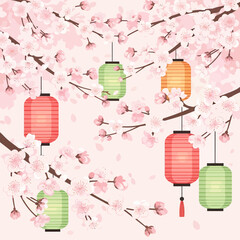 A beautiful illustration of pink cherry blossom branches with traditional Japanese lanterns hanging from them.