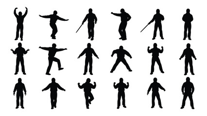 Fototapeta premium A group of black silhouettes of people in various poses isolated on white background, Vector