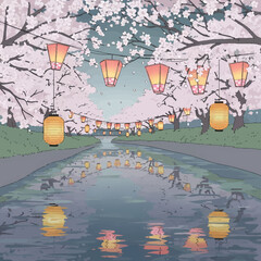 A beautiful illustration of cherry blossom trees lining a river with glowing lanterns reflecting in the water.