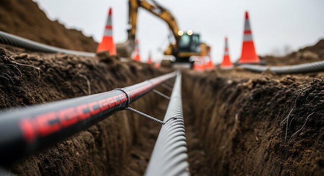 Trench with buried fiber optic cable and construction cones, with excavator in background.