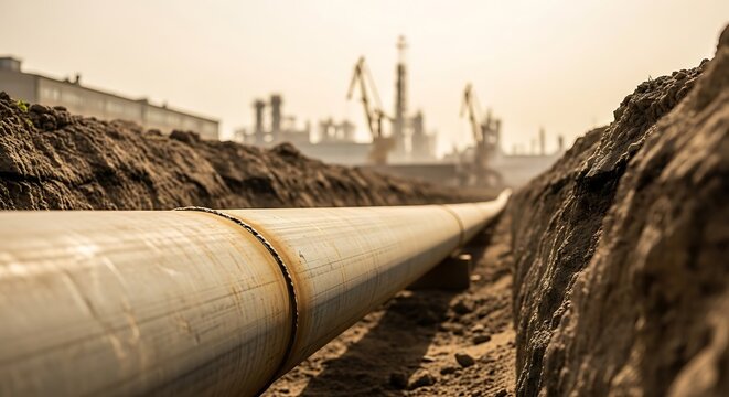 Large pipeline buried in dirt trench with industrial background at sunset.