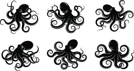 Black silhouette of octopus collection featuring various poses with curling tentacles isolated on white background cad drawing flat vector illustration, sea life © Shahin
