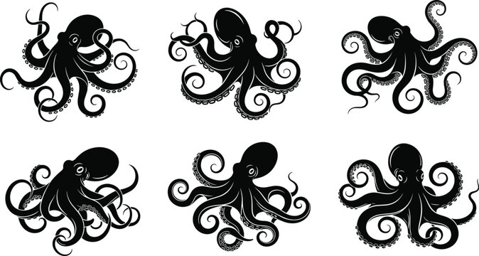 Black silhouette of octopus collection featuring various poses with curling tentacles isolated on white background cad drawing flat vector illustration, sea life