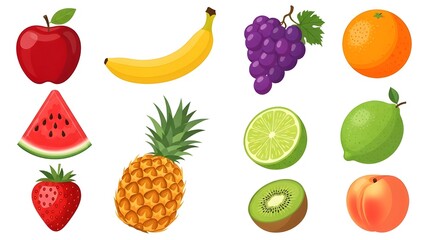 A vibrant collection of fresh, ripe fruits including apples, bananas, grapes, oranges, watermelon, pineapple, strawberries, limes, kiwis, and peaches, showcasing nature's bounty and healthy eating