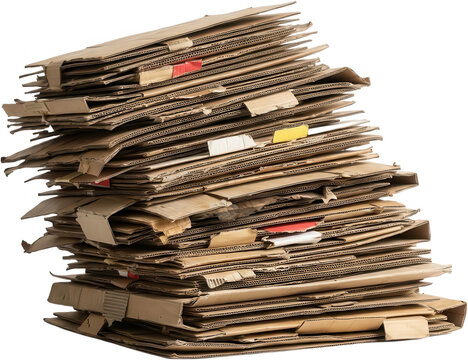 A large messy pile of used flattened corrugated cardboard boxes and scraps is stacked unevenly ready for recycling or disposal waste paper material brown texture industrial