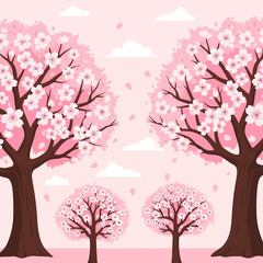 A beautiful illustration of cherry blossom trees with pink flowers and falling petals under a soft pink sky with white clouds, depicting spring.