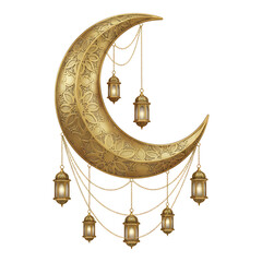 Golden Islamic Crescent Moon with Hanging Lanterns PNG, Ramadan Eid Mubarak Decorative Ornament Isolated