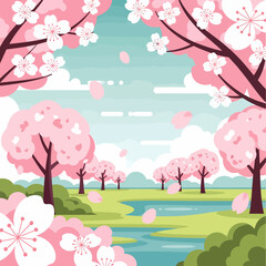 A beautiful illustration of a spring landscape with pink cherry blossom trees, falling petals, a serene river, and green hills under a blue sky.
