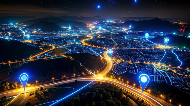 An aerial night view of a glowing city grid with location markers and stars