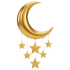 Golden Islamic Crescent Moon with Hanging Lanterns PNG, Ramadan Eid Mubarak Decorative Ornament Isolated