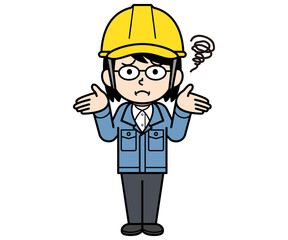 困惑するヘルメットをかぶった現場監督の中年女性