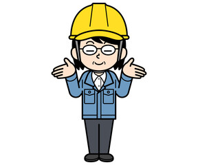 白々しいヘルメットをかぶった現場監督の中年女性