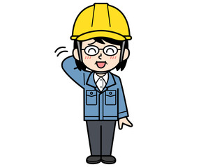 照れているヘルメットをかぶった現場監督の中年女性