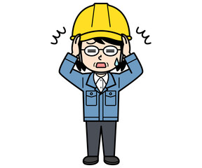 ショックを受けるヘルメットをかぶった現場監督の中年女性