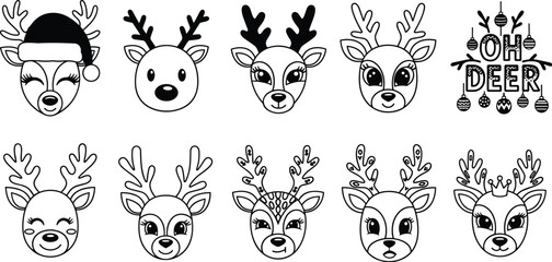 Black line art collection of cute reindeer faces with various expressions and Christmas hats isolated on white background for holiday season designs © Shahin