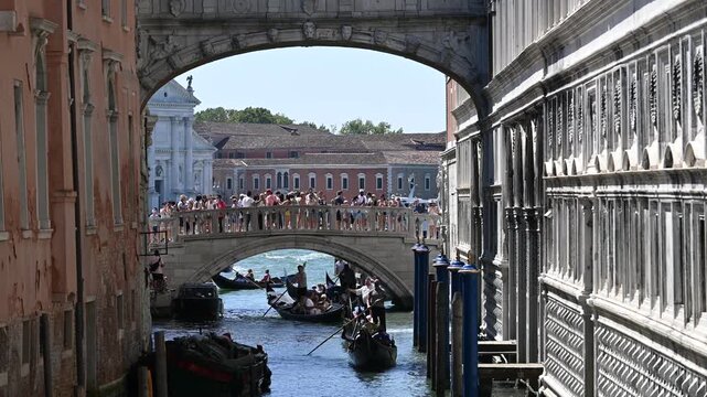 Iconic Bridge of Sighs. A view of the legendary Bridge of Sighs (Ponte dei Sospiri) connecting the Doge's Palace to the ancient prison. 